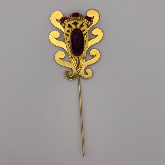 Stick Hat Pin Ornate Gold Tone Jewel Tone Rhinestones 5.5" - Picture 9 of 11